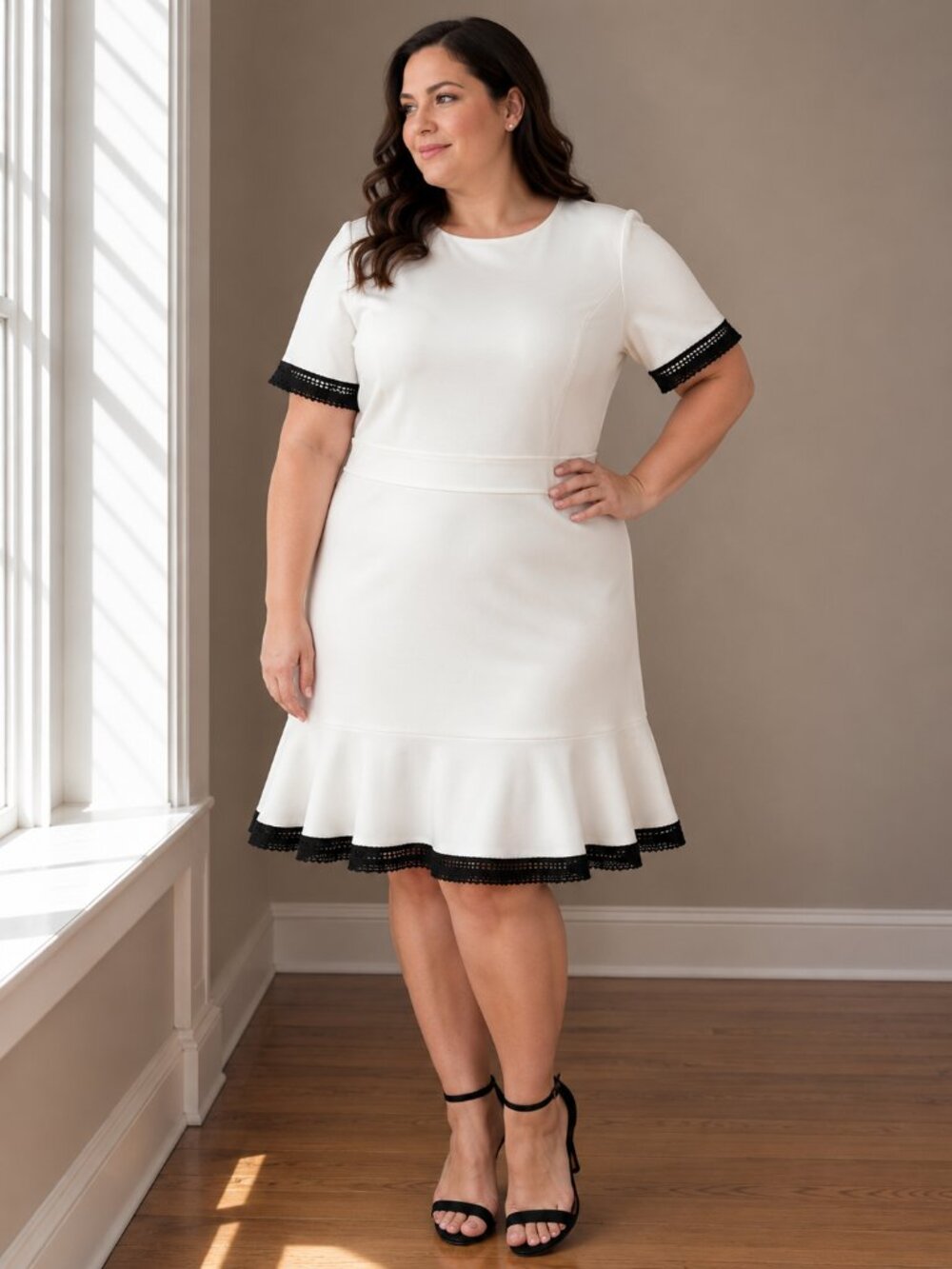 Nine West White Dress with Black Crochet Detail on Sleeves & Hem | Size 14 | NWT